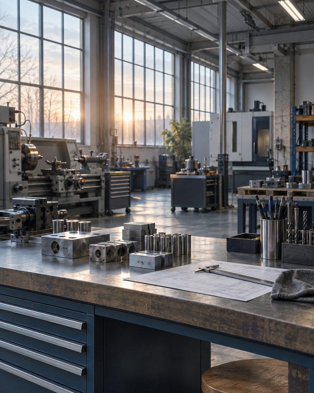 Aufger&auml;umte Metallwerkstatt im Morgenlicht