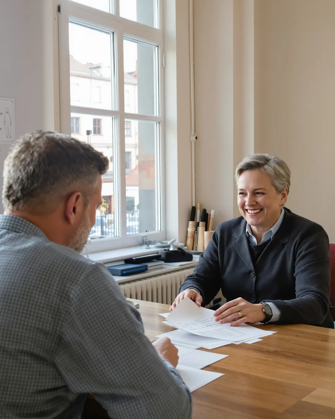 AI image: a tax advisor discusses documents with a client.