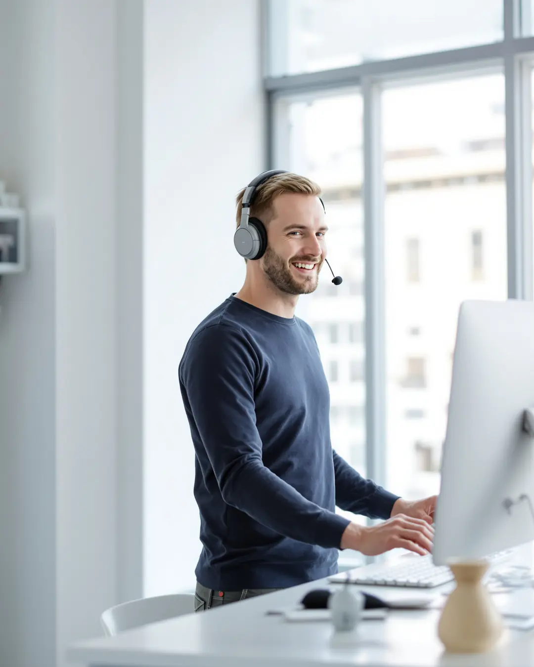 KI-Bild: IT-Techniker mit Headset im hellen Büro.