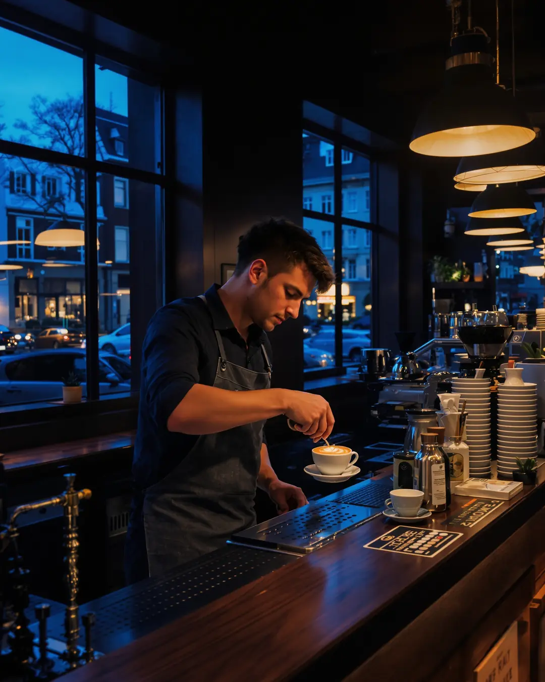 AI image: a barista pouring latte art in a café in the evening.