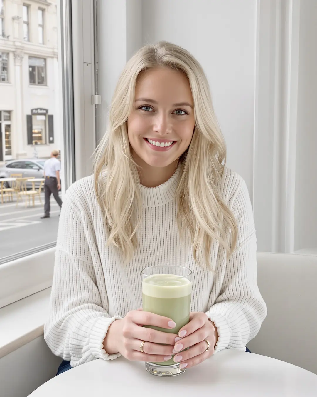AI image: a young woman with a matcha latte at the window of a bright café.