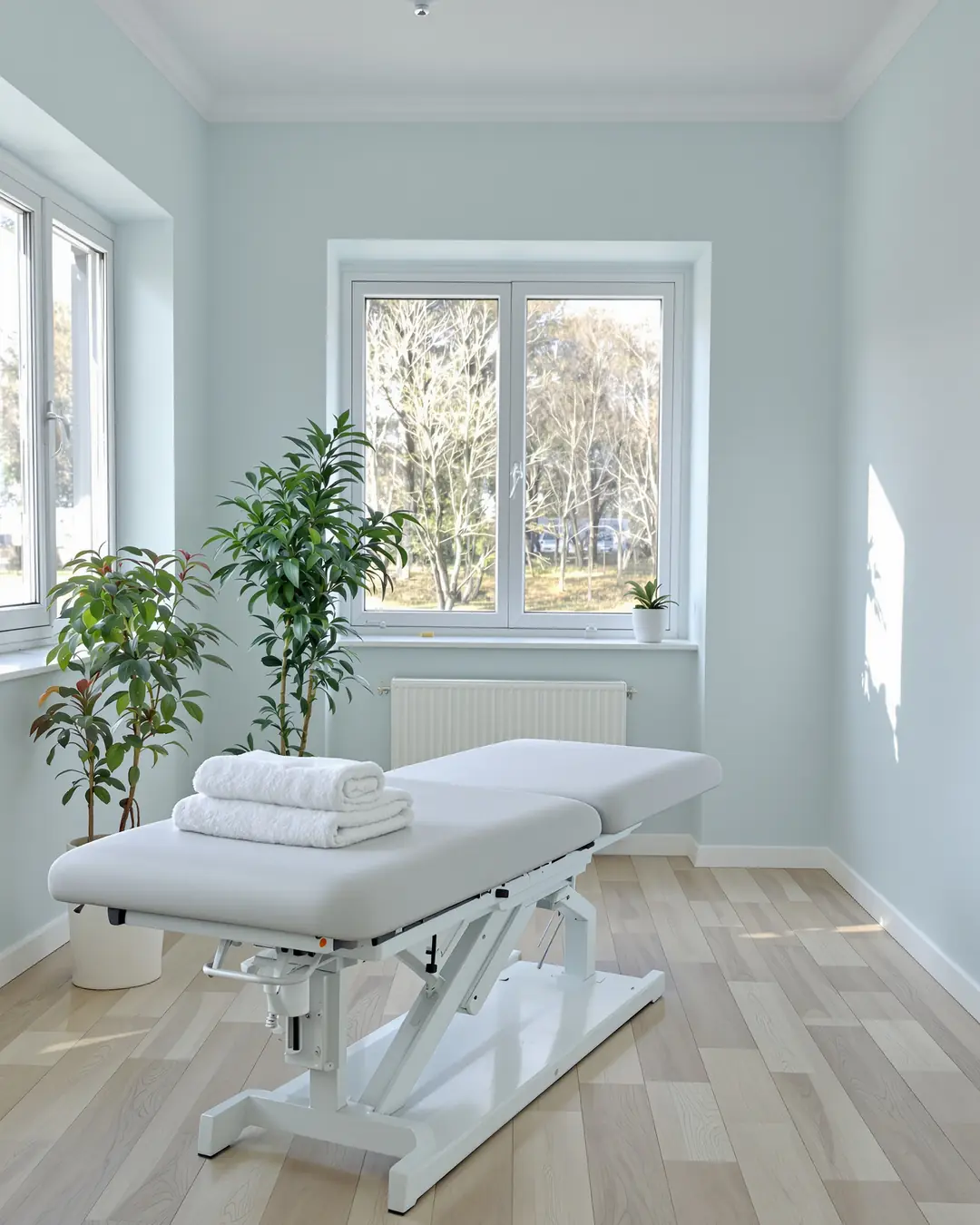 AI image: a bright, calm treatment room in a physiotherapy practice.