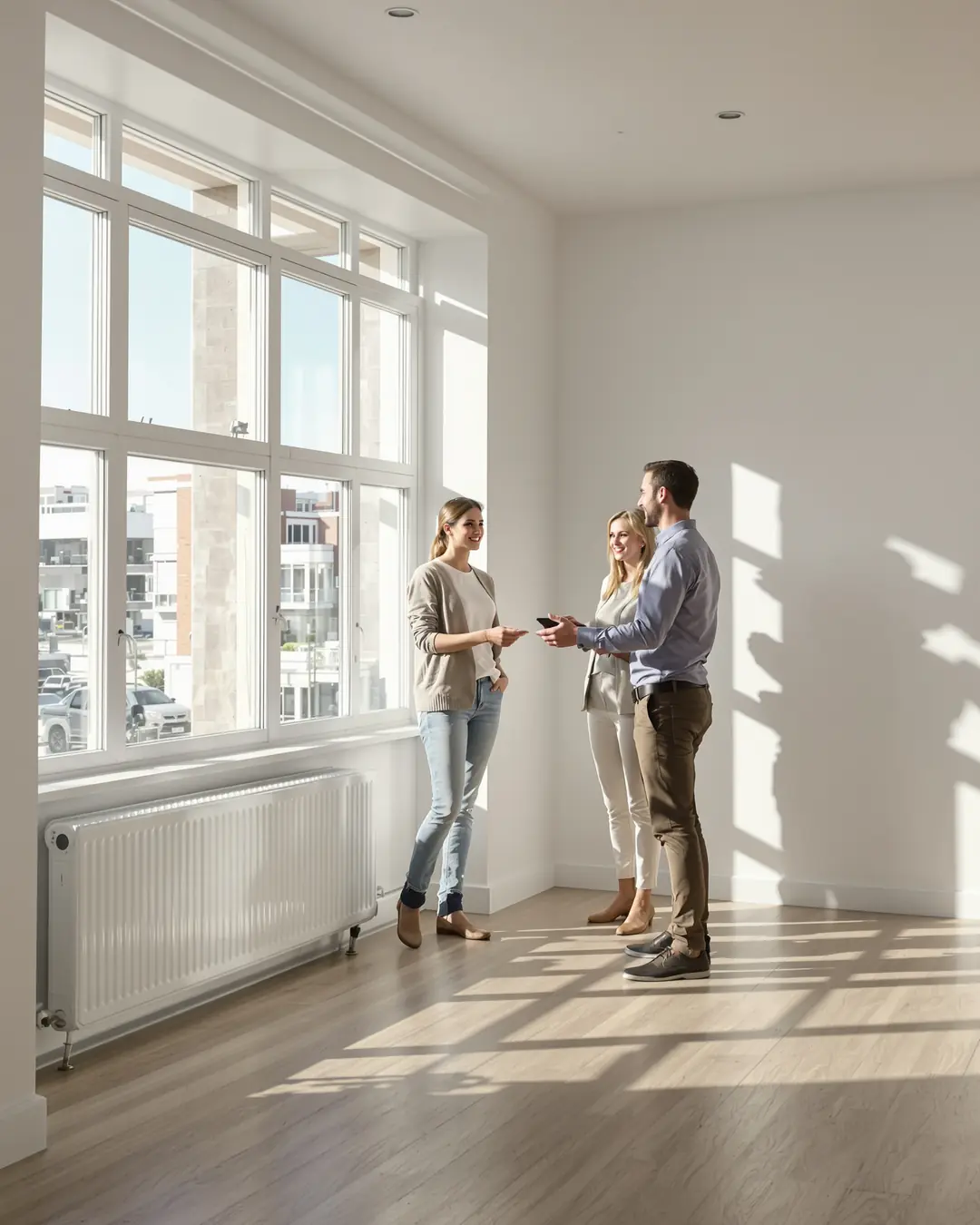 AI image: an estate agent shows a couple a bright flat.