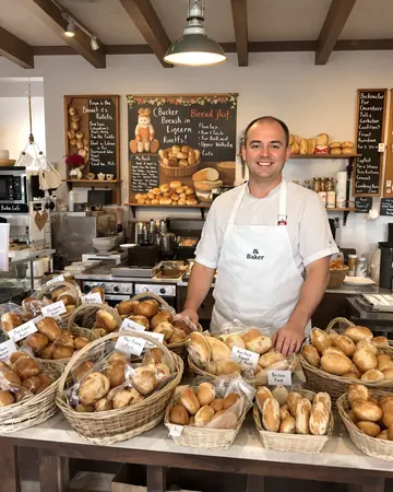 AI image, week 3: a baker in front of boards with text.