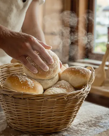 AI image, week 4: hands placing fresh bread rolls in a basket.