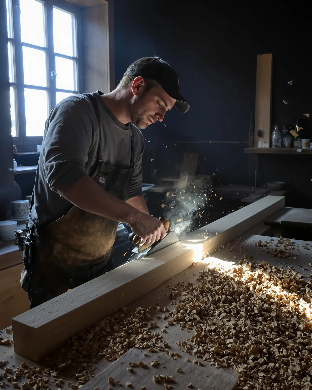 KI-Bild: Tischler hobelt ein Eichenbrett im Morgenlicht.